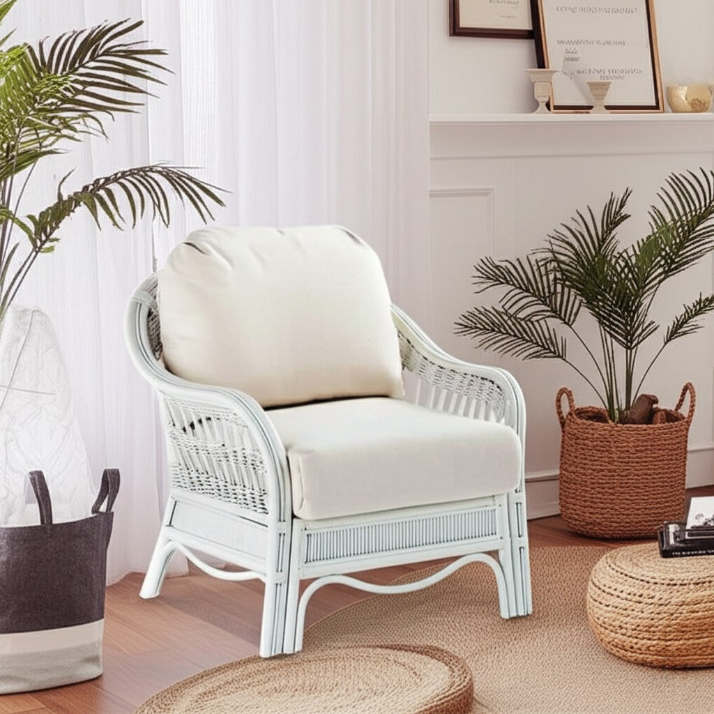 Bermuda Indoor Wicker Whitewash Lounge Chair by South Sea Rattan Model 1401