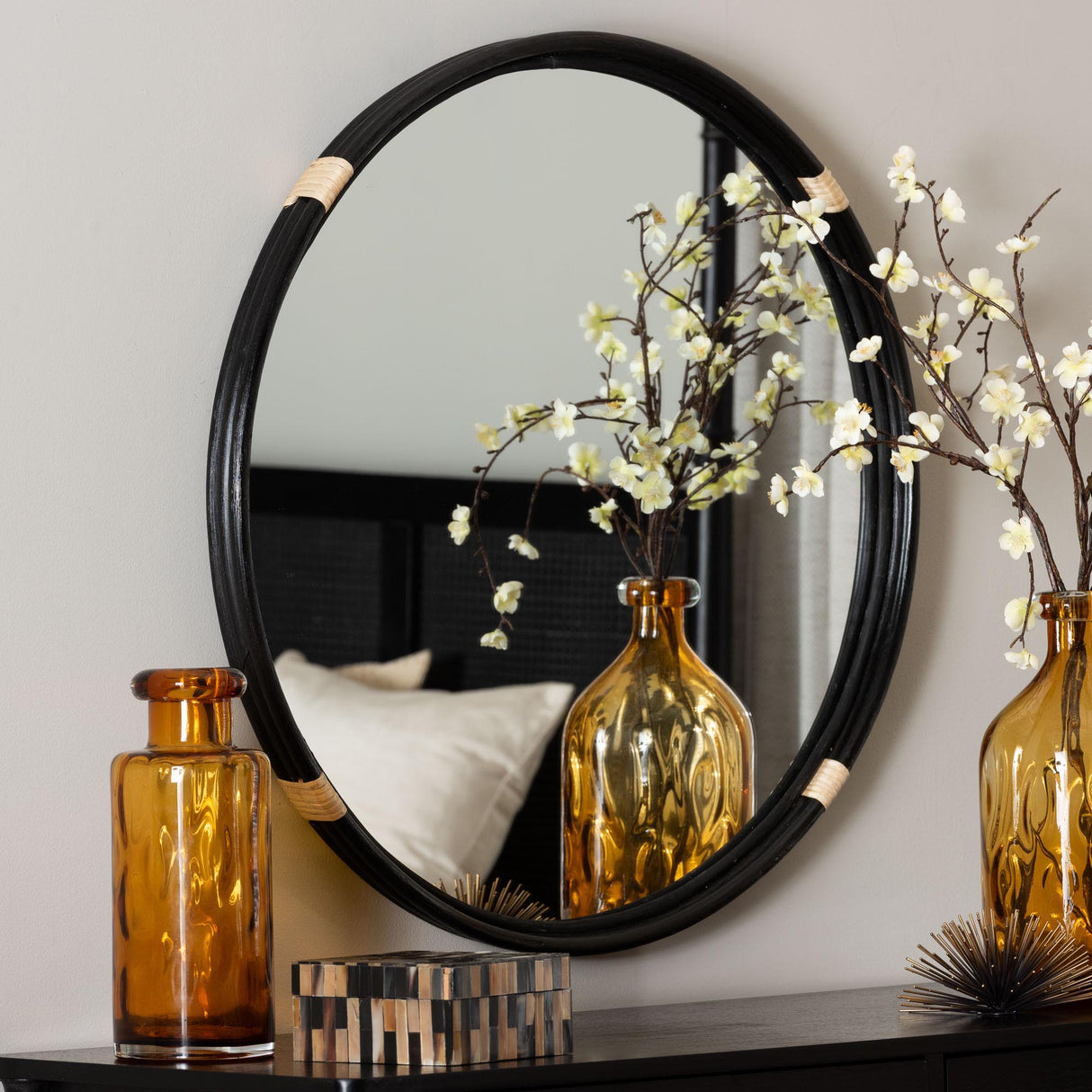 Fenicia Round Rattan Wall Mirror with Black Frame - Decorative Framed Mirror by Wicker Fair