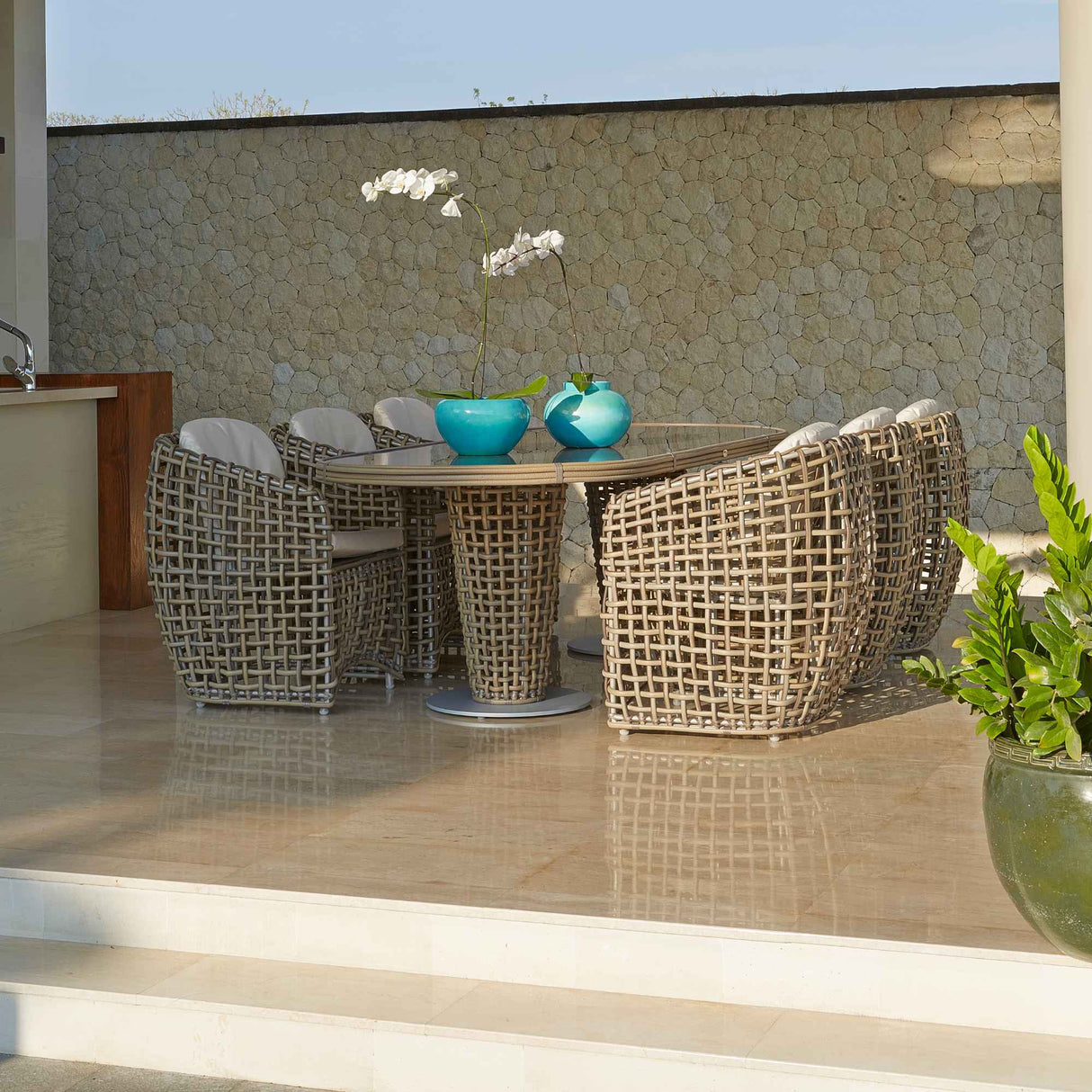 Dynasty Outdoor 7-Piece Dining Set with Sunbrella Cushion Model 22460-KMNP-7PC-CUSH by Skyline Design