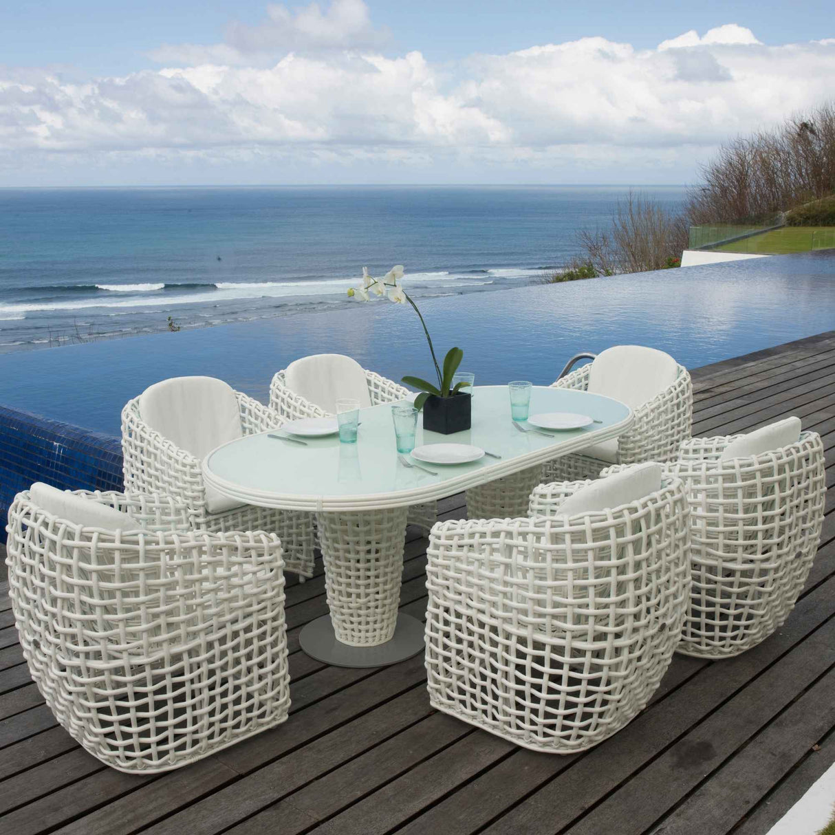 Dynasty Outdoor 7-Piece Dining Set with Sunbrella Cushion Model 22460-WMNP-7PC-CUSH by Skyline Design