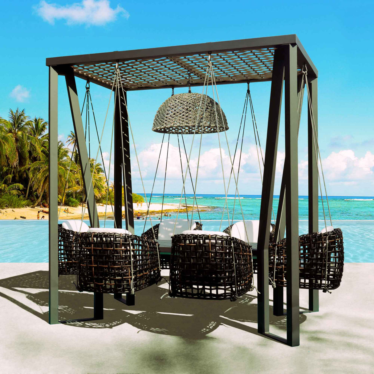 Horizon Outdoor 8FT Pergola with Lamp, Dynasty Hanging Chairs & Aluminum Table Model 22462-ALU-BMNP-CUSH by Skyline Design