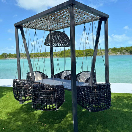 Horizon Outdoor 8FT Pergola with Lamp, Dynasty Hanging Chairs & Aluminum Table Model 22462-ALU-BMNP-CUSH by Skyline Design
