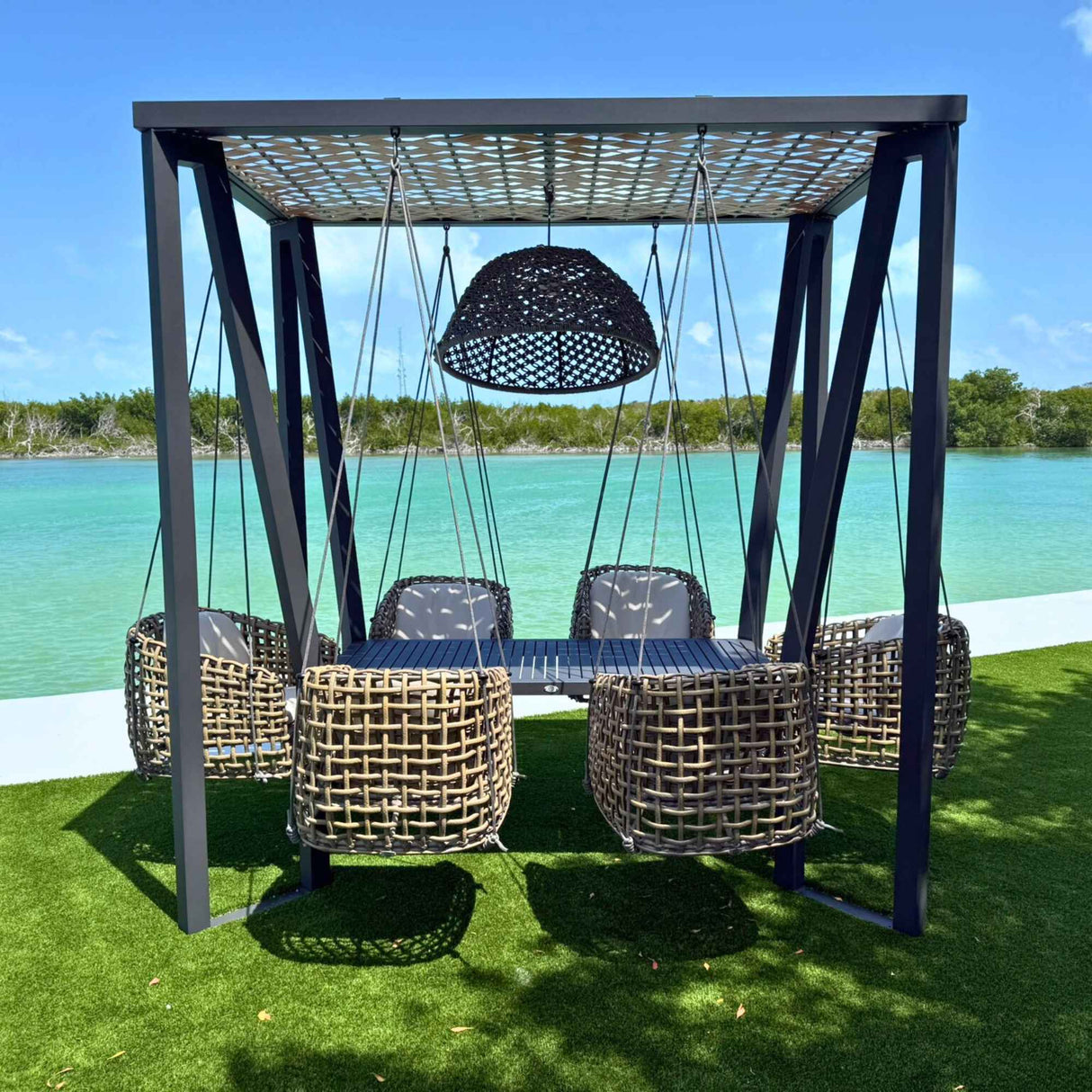 Horizon Outdoor 8FT Pergola with Lamp, Dynasty Hanging Chairs & Aluminum Table Model 22462-ALU-KMNP-CUSH by Skyline Design