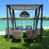 Horizon Outdoor 8FT Pergola with Lamp, Dynasty Hanging Chairs & Aluminum Table Model 22462-ALU-KMNP-CUSH by Skyline Design