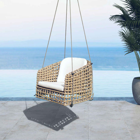 Horizon Outdoor 8FT Pergola with Lamp, Dynasty Hanging Chairs & Aluminum Table Model 22462-ALU-KMNP-CUSH by Skyline Design