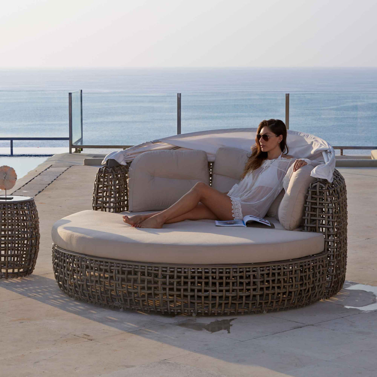 Dynasty Outdoor Daybed with Canopy and Sunbrella Cushions Model 22467-KMNP-CUSH by Skyline Design