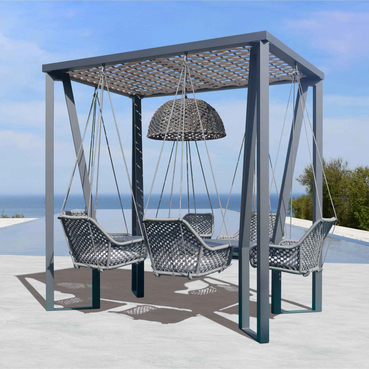 Horizon Outdoor 8FT Pergola with Lamp, Moma Hanging Chairs & Aluminum Table Model 23559-ALU-CUSH by Skyline Design