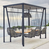 Horizon Outdoor 10FT Pergola with Lamp, Moma Hanging Chairs & Teak Table Model 23559-TEAK-CUSH by Skyline Design