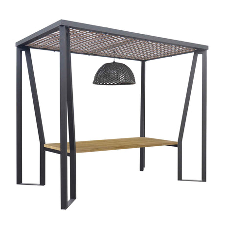 Horizon Outdoor 10FT Pergola with Lamp, Moma Hanging Chairs & Teak Table Model 23559-TEAK-CUSH by Skyline Design