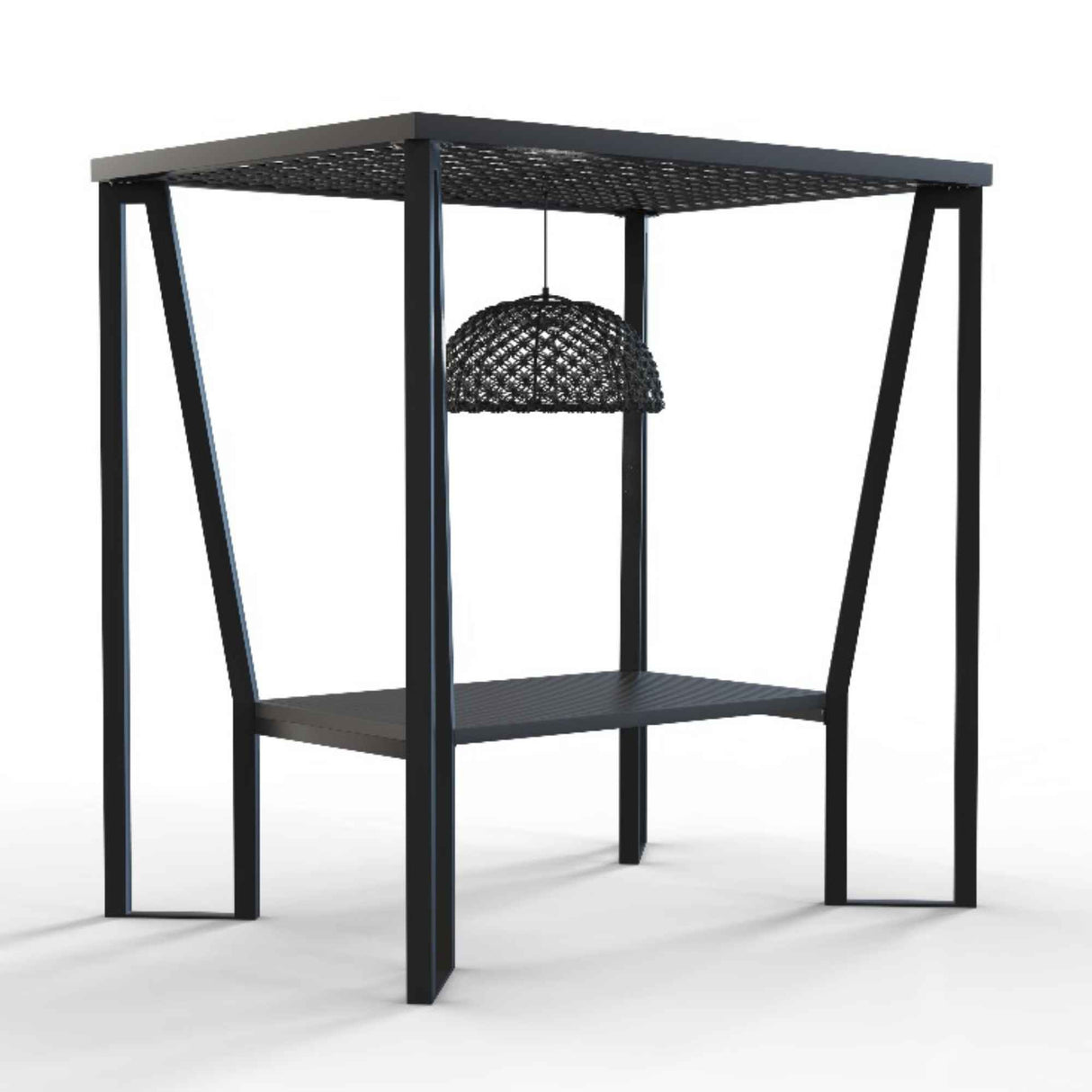 Horizon Outdoor 8FT Pergola with Lamp, Rodona Hanging Chairs & Aluminum Table Model 24177-ALU-CUSH by Skyline Design