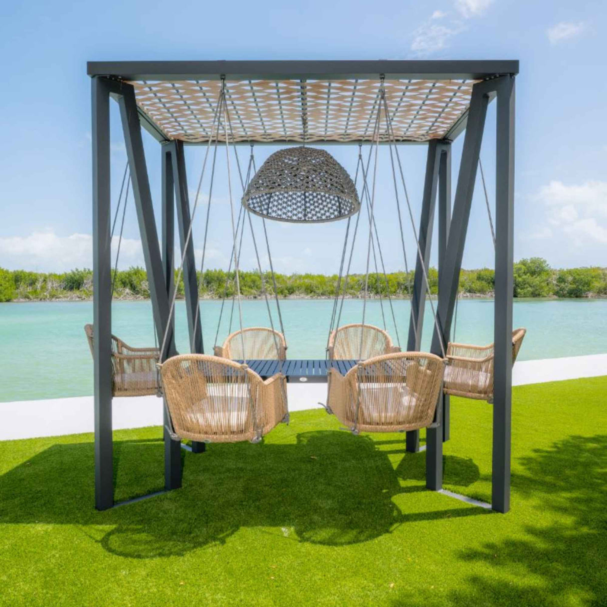 Horizon Outdoor 8FT Pergola with Lamp, Calixto Hanging Chairs & Aluminum Table Model 23832-ALU-CUSH by Skyline Design