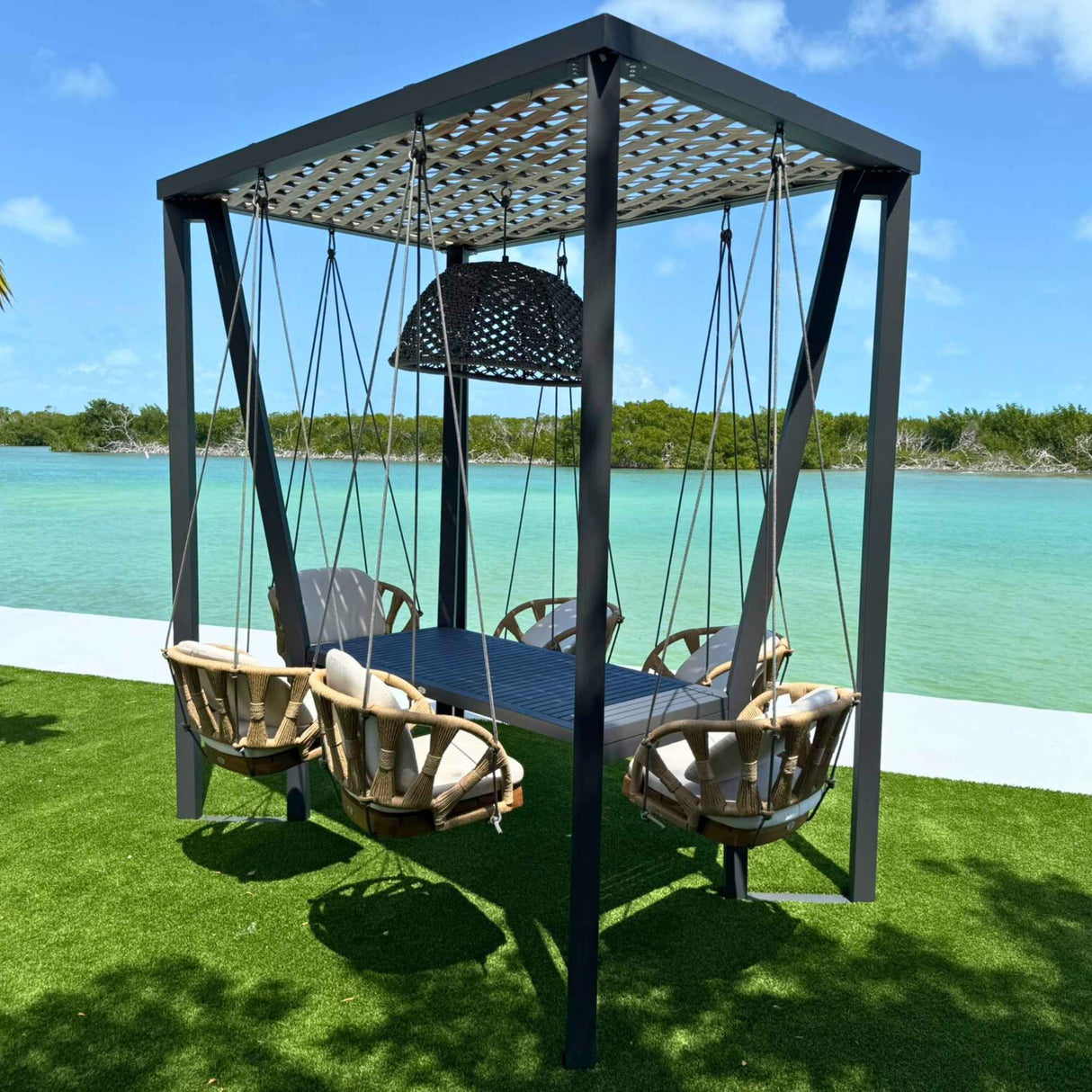 Horizon Outdoor 8FT Pergola with Lamp, Krabi Hanging Chairs & Aluminum Table Model 24107-ALU-CUSH by Skyline Design
