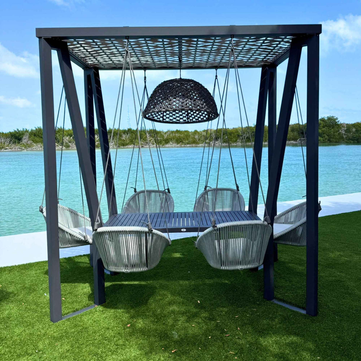 Horizon Outdoor 8FT Pergola with Lamp, Rodona Hanging Chairs & Aluminum Table Model 24177-ALU-CUSH by Skyline Design