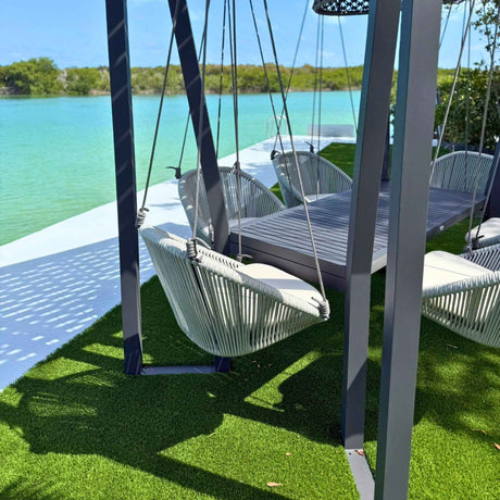Horizon Outdoor 8FT Pergola with Lamp, Rodona Hanging Chairs & Aluminum Table Model 24177-ALU-CUSH by Skyline Design