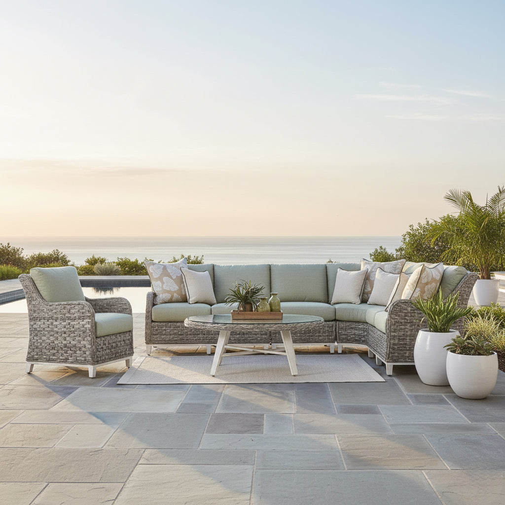 Grand Isle Outdoor 5 Pc Patio Wicker Sectional Set in Soft Granite Stain 77400-5 by South Sea Rattan with Cushions Made in the USA