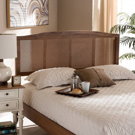 Marieke Mid-Century Modern Ash Wanut Finished Wood and Synthetic Rattan King Size Headboard