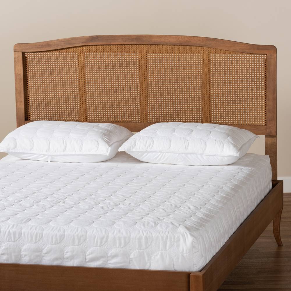 Marieke Mid-Century Modern Ash Wanut Finished Wood and Synthetic Rattan Full Size Headboard