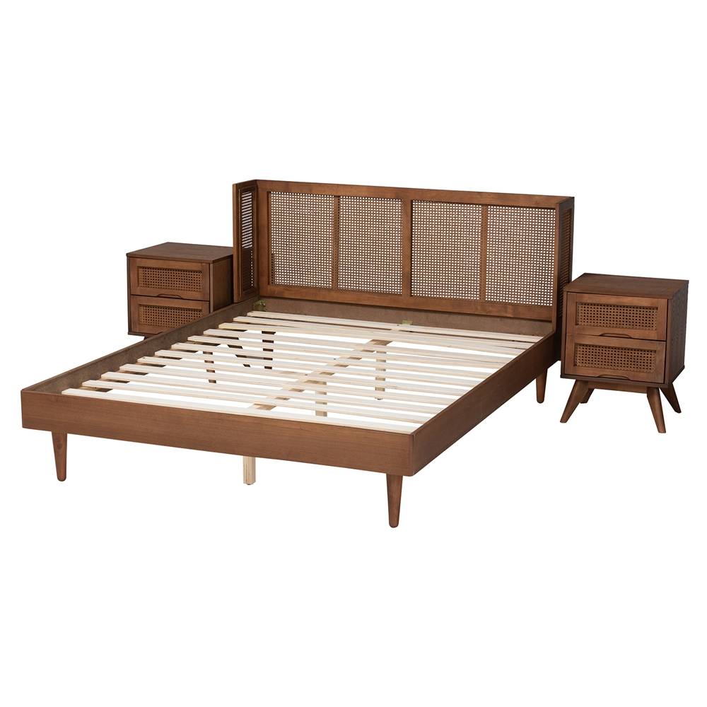Rina Mid-Century Modern Ash Walnut Finished Wood 3-Piece Full Size Bedroom Set with Synthetic Rattan
