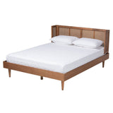 Rina Mid-Century Modern Ash Walnut Finished Wood 3-Piece Full Size Bedroom Set with Synthetic Rattan
