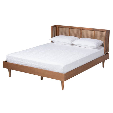 Rina Mid-Century Modern Ash Walnut Finished Wood 4-Piece Full Size Bedroom Set with Synthetic Rattan