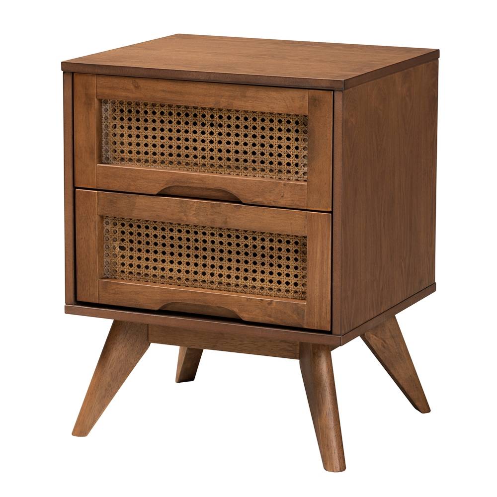 Rina Mid-Century Modern Ash Walnut Finished Wood 3-Piece King Size Bedroom Set with Synthetic Rattan
