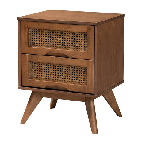Rina Mid-Century Modern Ash Walnut Finished Wood 4-Piece Full Size Bedroom Set with Synthetic Rattan