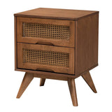 Rina Mid-Century Modern Ash Walnut Finished Wood 4-Piece King Size Bedroom Set with Synthetic Rattan