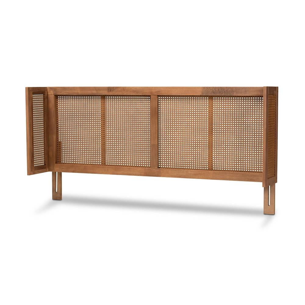 Rina Mid-Century Modern Ash Wanut Finished Wood and Synthetic Rattan King Size Platform Bed with Wrap-Around Headboard