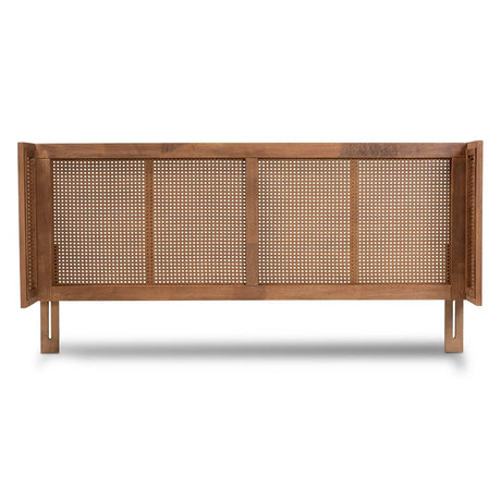 Rina Mid-Century Modern Ash Wanut Finished Wood and Synthetic Rattan King Size Wrap-Around Headboard