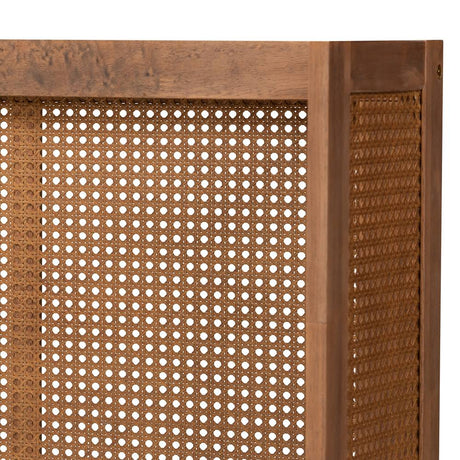 Rina Mid-Century Modern Ash Wanut Finished Wood and Synthetic Rattan Full Size Wrap-Around Headboard