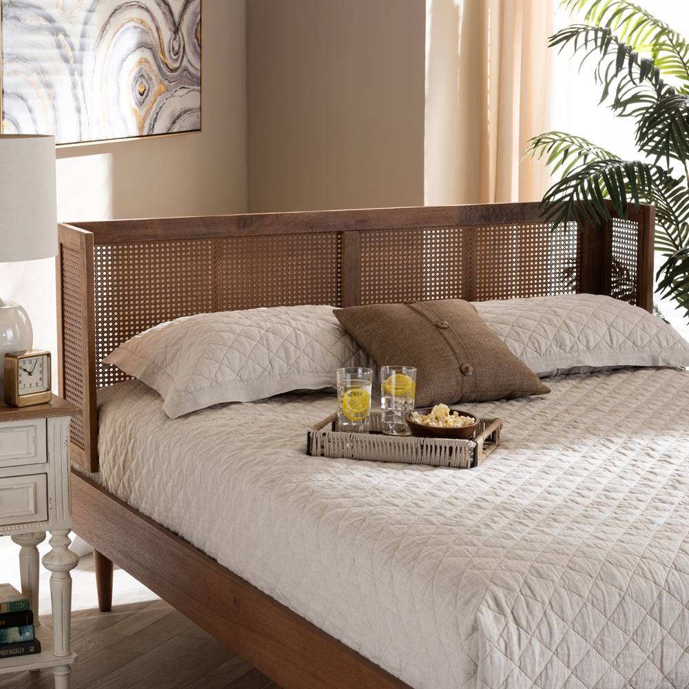 Rina Mid-Century Modern Ash Wanut Finished Wood and Synthetic Rattan King Size Wrap-Around Headboard