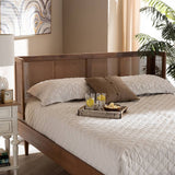 Rina Mid-Century Modern Ash Wanut Finished Wood and Synthetic Rattan King Size Platform Bed with Wrap-Around Headboard
