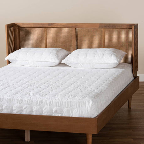 Rina Mid-Century Modern Ash Wanut Finished Wood and Synthetic Rattan Queen Size Wrap-Around Headboard