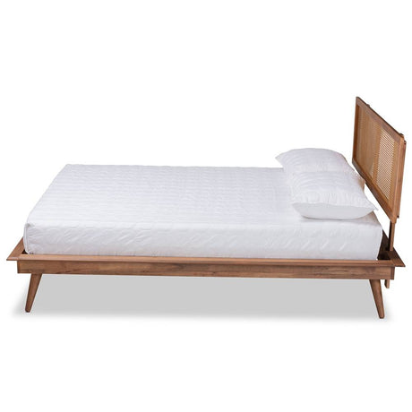 Nura Mid-Century Modern Walnut Brown Finished Wood and Synthetic Rattan King Size Platform Bed