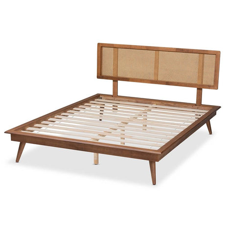 Nura Mid-Century Modern Walnut Brown Finished Wood and Synthetic Rattan King Size Platform Bed