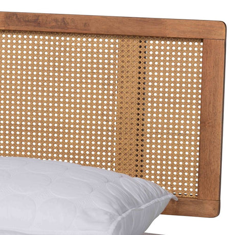 Nura Mid-Century Modern Walnut Brown Finished Wood and Synthetic Rattan King Size Platform Bed