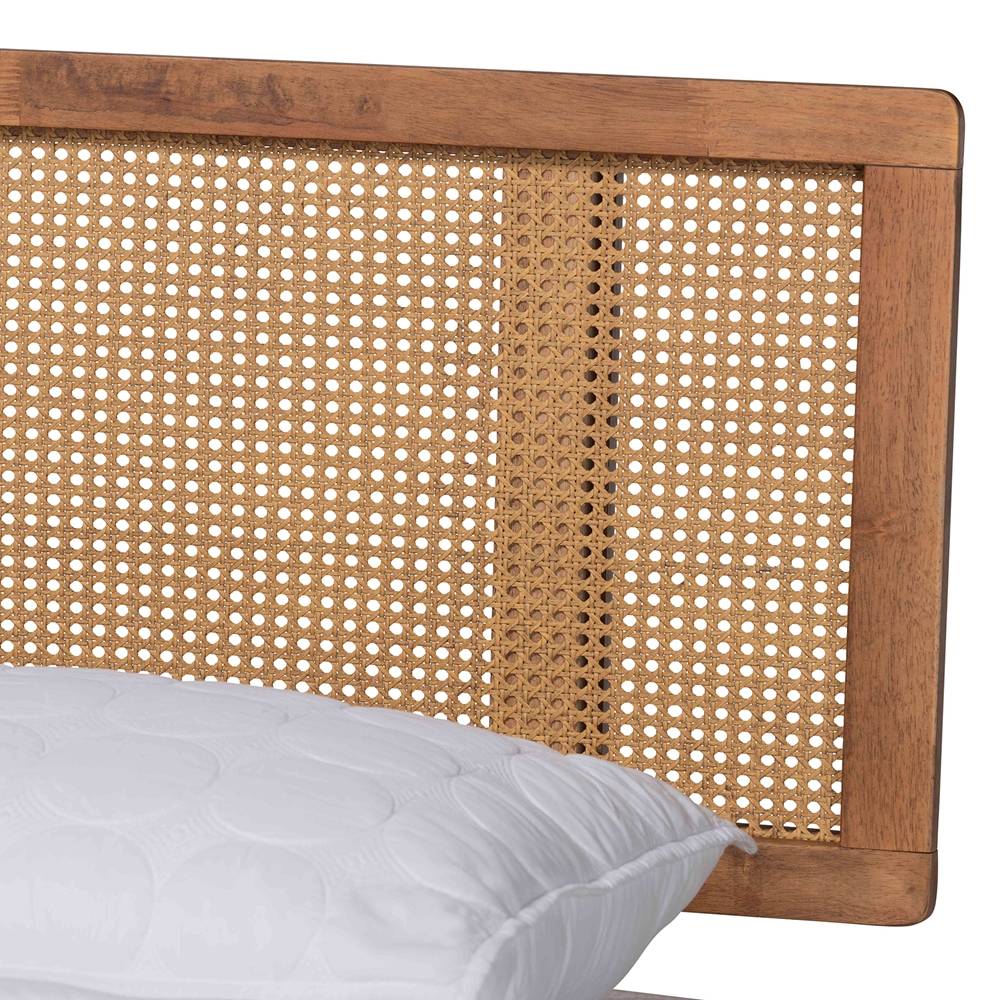 Nura Mid-Century Modern Walnut Brown Finished Wood and Synthetic Rattan Queen Size Platform Bed