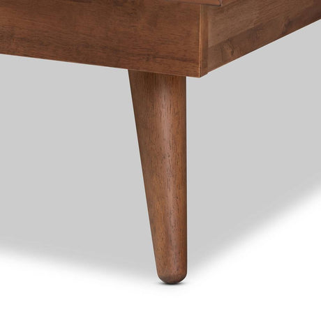 Nura Mid-Century Modern Walnut Brown Finished Wood and Synthetic Rattan King Size Platform Bed