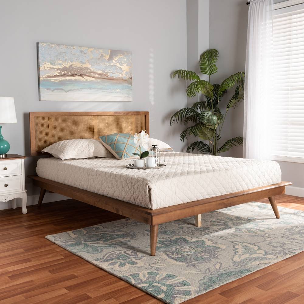 Nura Mid-Century Modern Walnut Brown Finished Wood and Synthetic Rattan King Size Platform Bed