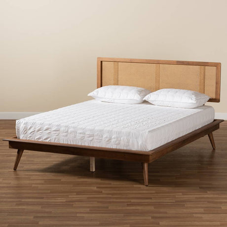Nura Mid-Century Modern Walnut Brown Finished Wood and Synthetic Rattan King Size Platform Bed