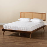 Nura Mid-Century Modern Walnut Brown Finished Wood and Synthetic Rattan Full Size Platform Bed