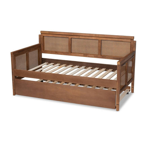 Toveli Vintage French Inspired Ash Wanut Finished Wood and Synthetic Rattan Daybed with Trundle