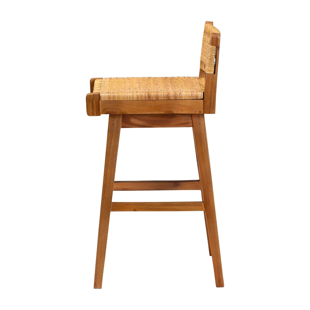 Rasgart Bohemian Natural Rattan and Mahogany Wood Bar Stool by Wicker Fair