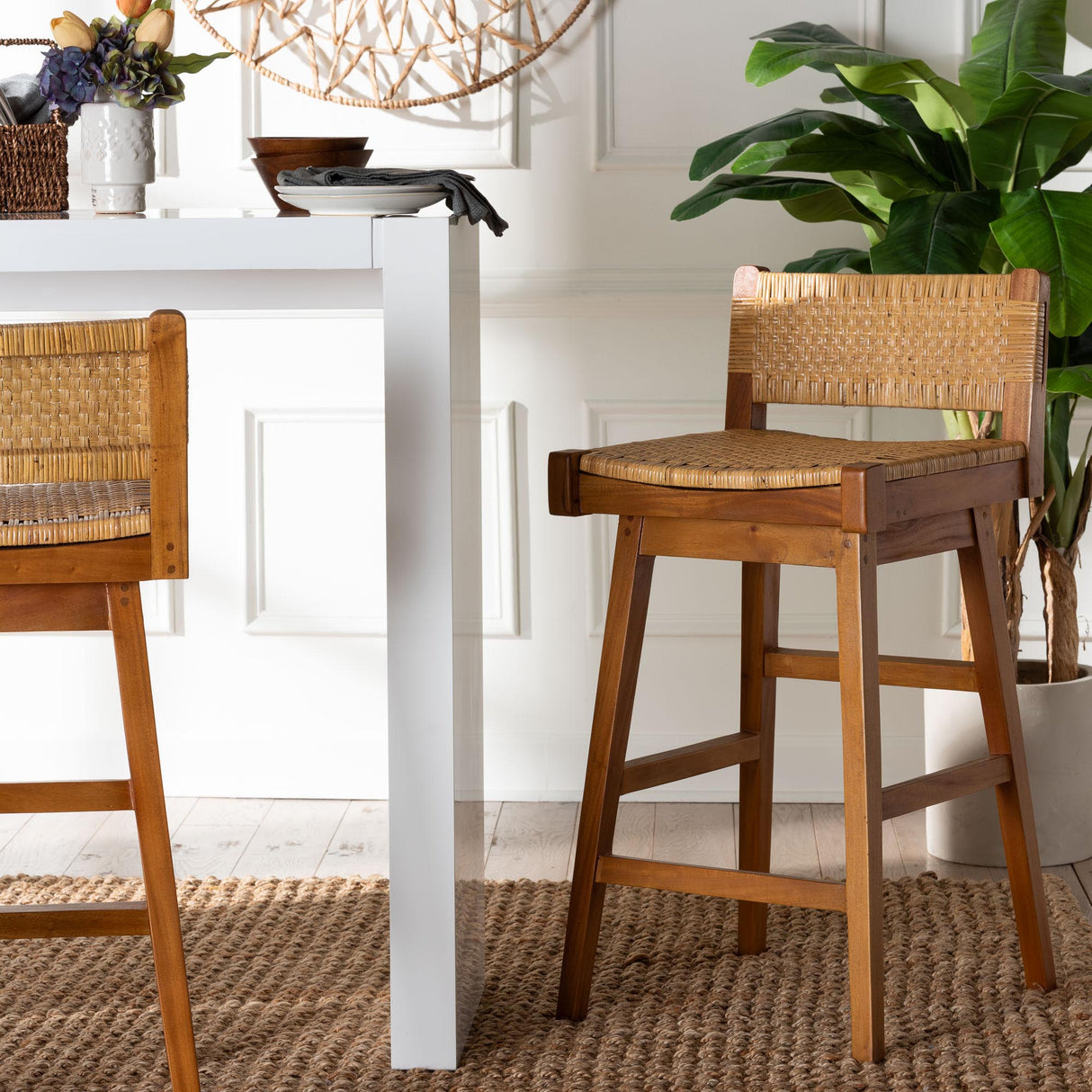 Rasgart Bohemian Natural Rattan and Mahogany Wood Bar Stool by Wicker Fair