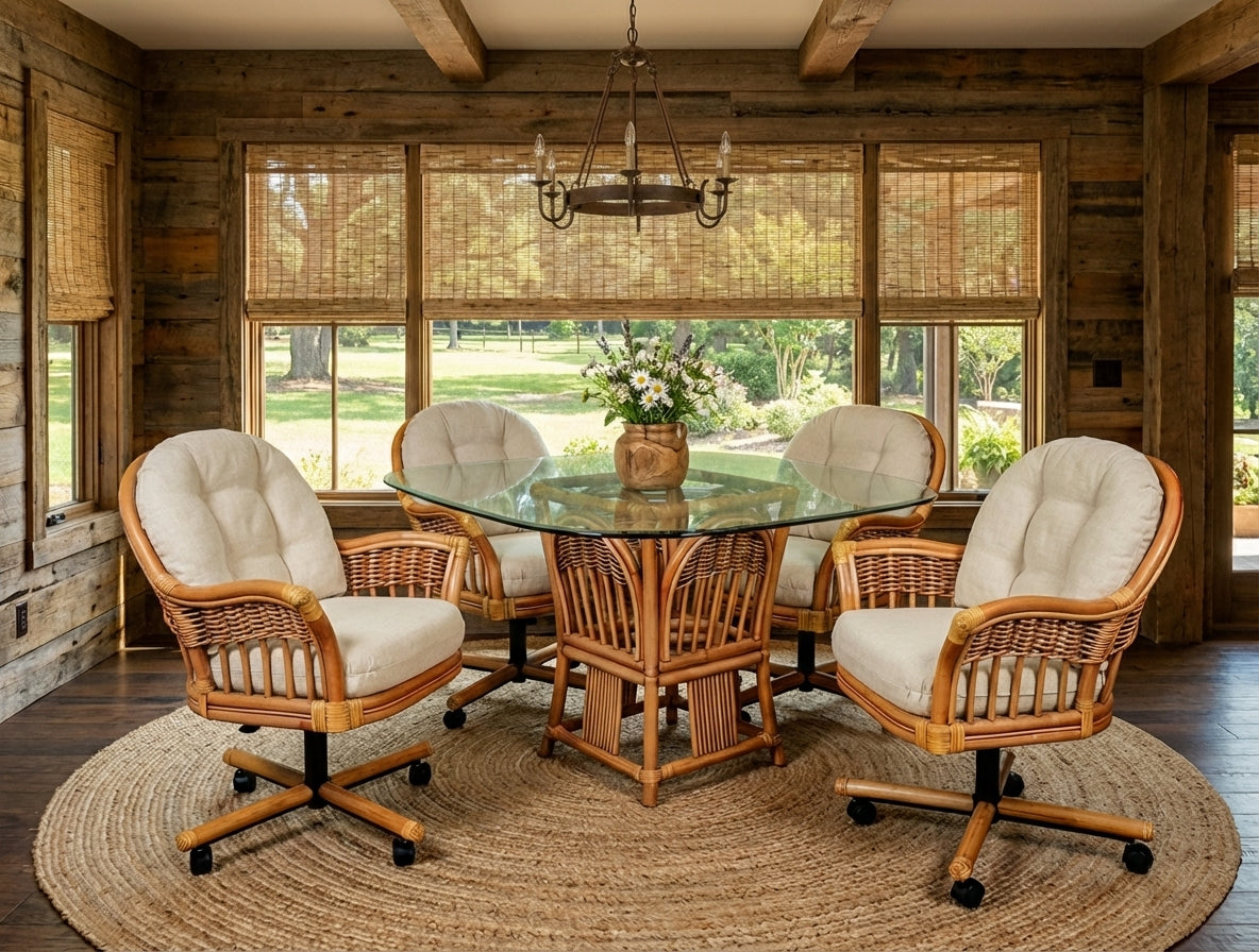 Augusta Rattan 6 Pc Swivel-Tilt Caster Dining Set in Antique Honey Finish by Wicker Fair