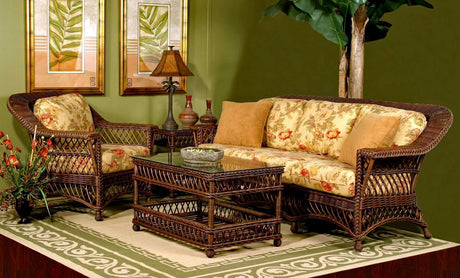 Bar Harbor Brownwash Rattan 2 Pc Set with Arm Chair and End Table Model BHAC-ET-2PC-SET-BW from Spice Island Wicker