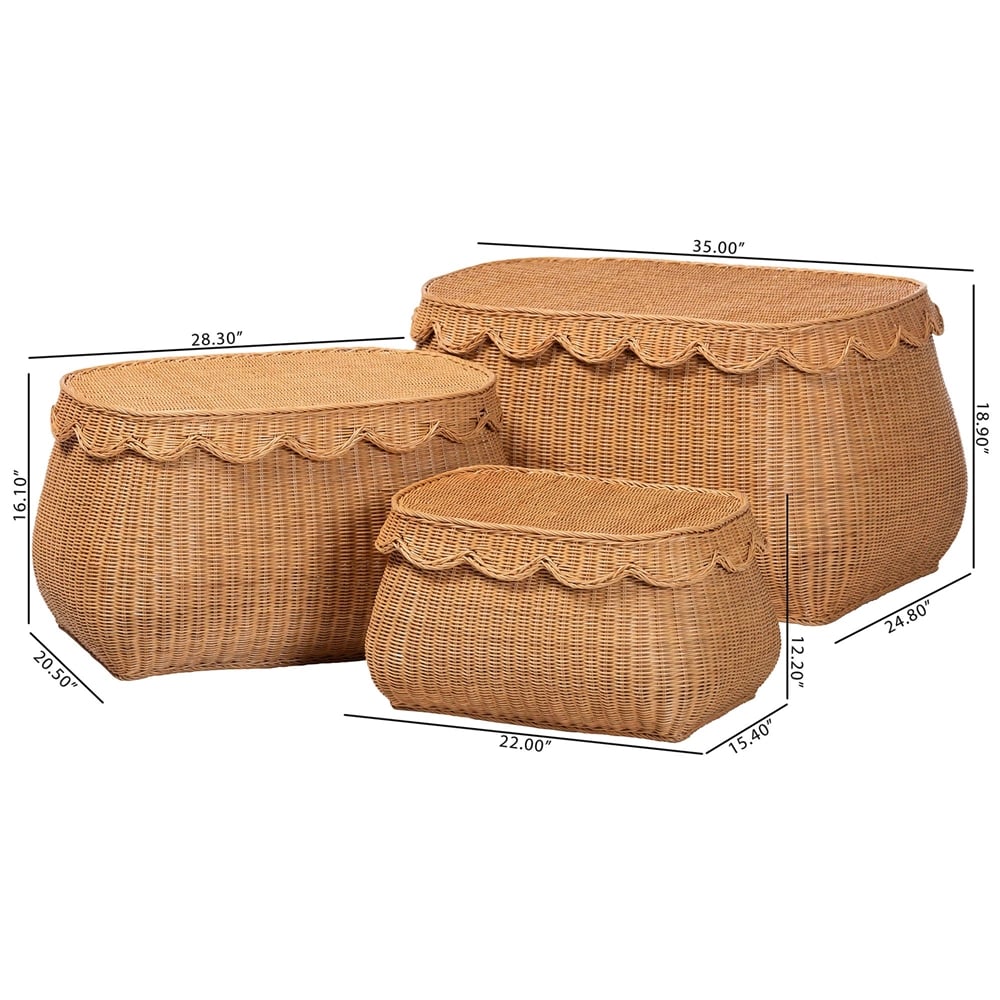 Briele Natural Rattan 3-Pc Basket Set with Scalloped Lids by Wicker Fair