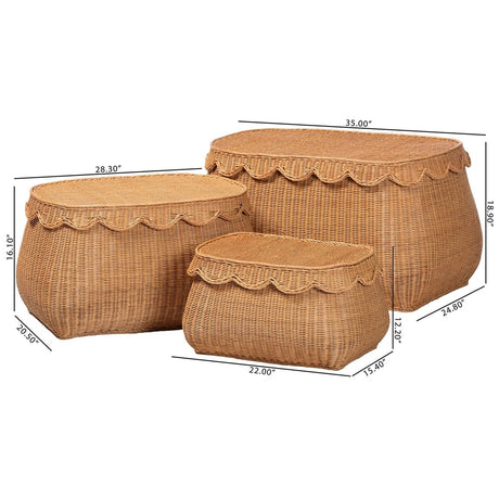 Briele Natural Rattan 3-Pc Basket Set with Scalloped Lids by Wicker Fair
