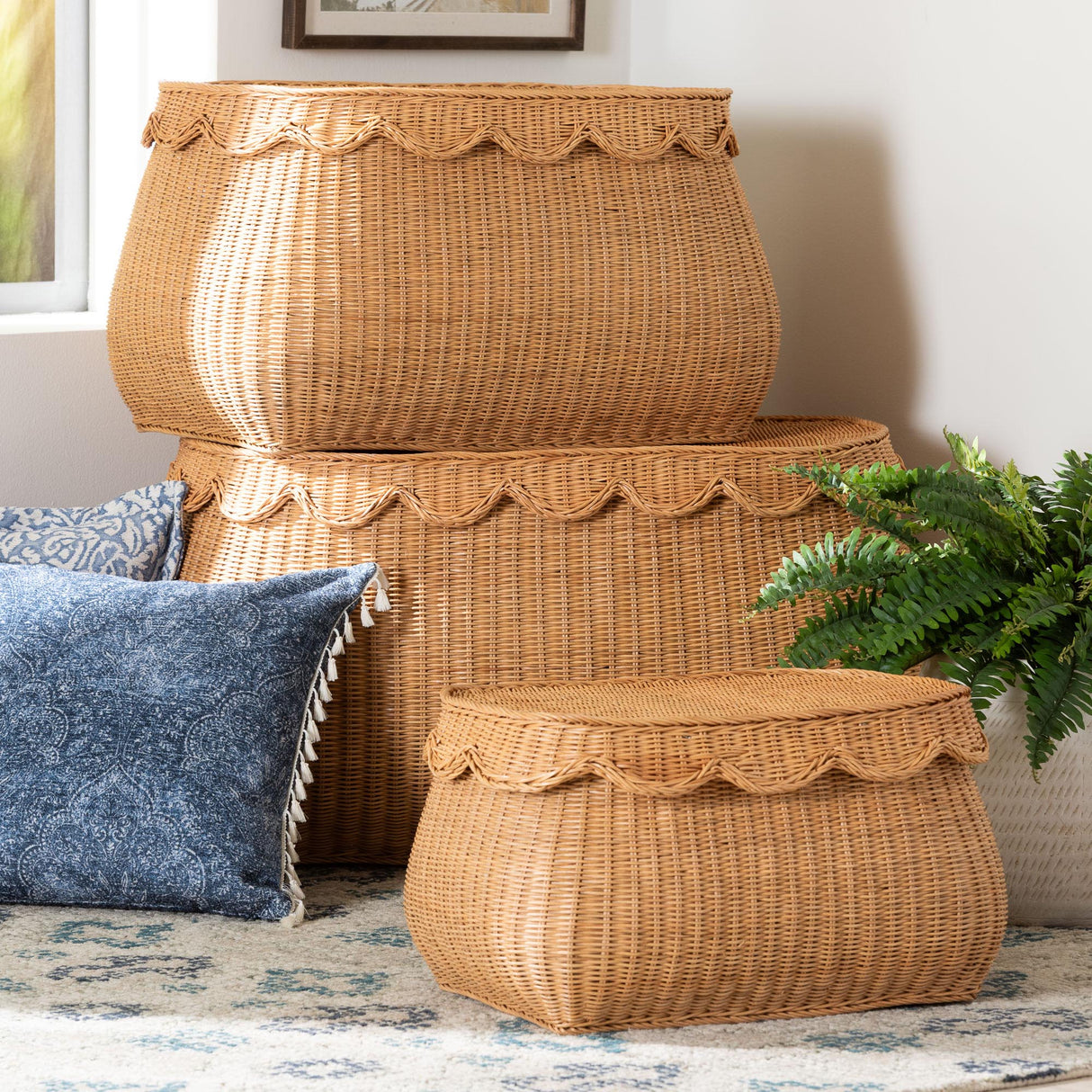 Briele Natural Rattan 3-Pc Basket Set with Scalloped Lids by Wicker Fair