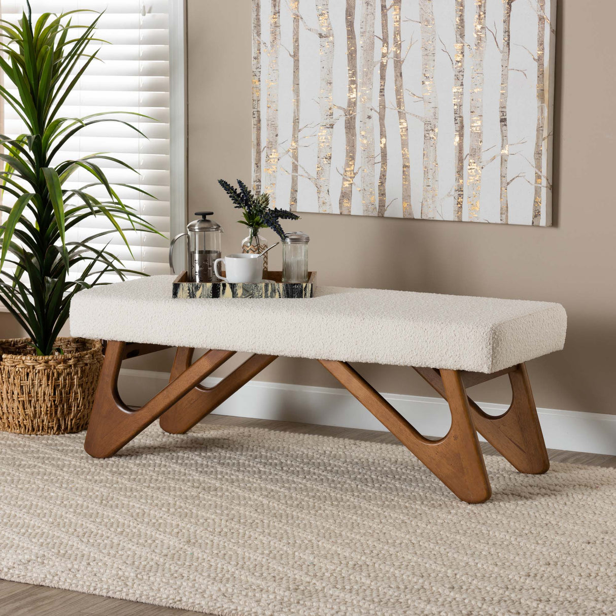 Rika Japandi Cream Boucle Fabric and Walnut Brown Finished Wood Bench by Wicker Fair